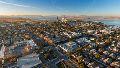 Aerial view of Pittsburg, California, USA, showcasing the city's layout, residential areas, and the industrial presence of the power plant along the waterfront.