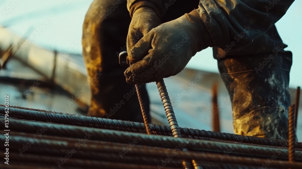 A construction worker securing rebar for a concrete slab. Featuring expertise and precision A construction worker securing rebar for a concrete slab. Featuring expertise and precision