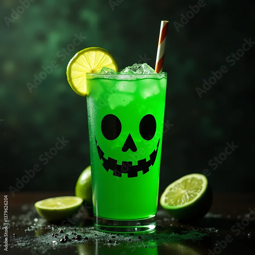 pooky Green Halloween Cocktail with Jack-O'-Lantern Face and Lime Garnish