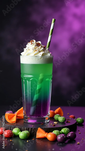 Vibrant Halloween Dessert Drink with Whipped Cream and Colorful Candy Garnish