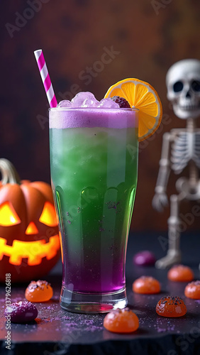 Vibrant Halloween Dessert Drink with Whipped Cream and Colorful Candy Garnish