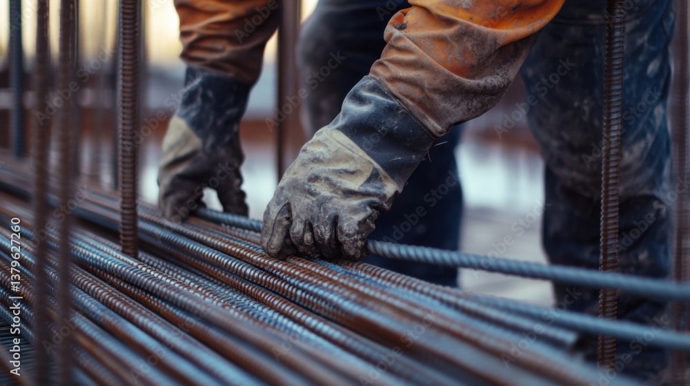 A construction worker securing steel reinforcement bars for concrete work. Featuring teamwork and care A construction worker securing steel reinforcement bars for concrete work. Featuring teamwork and care