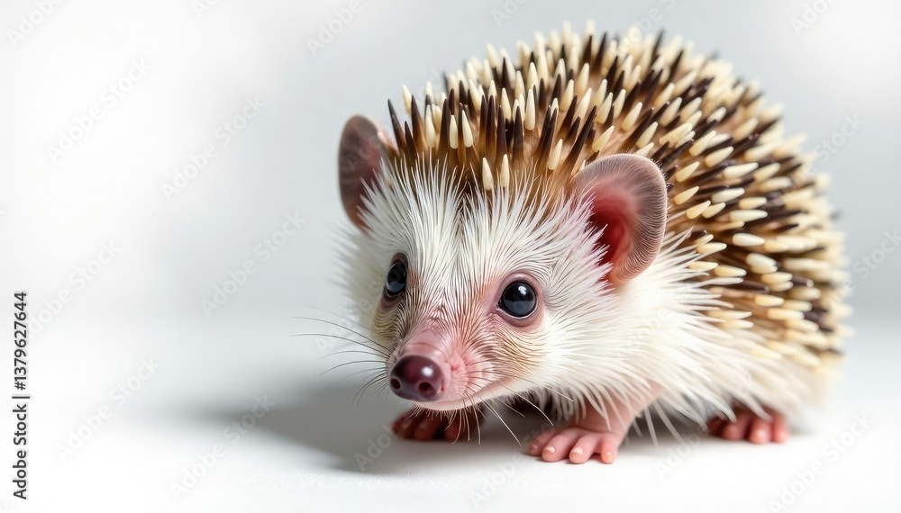 Close-up of a hedgehog's face and spines, white backdrop, cute, beige Close-up of a hedgehog's face and spines, white backdrop, cute, beige