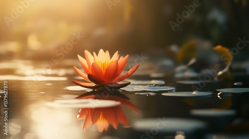 Water lily blossom floating in a still pond under a warm, golden sunrise.