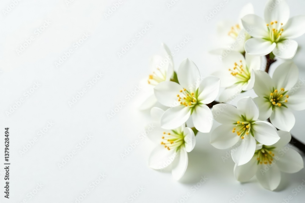 Obraz premium Delicate white flower blossoms on pure white backdrop, bloom, light