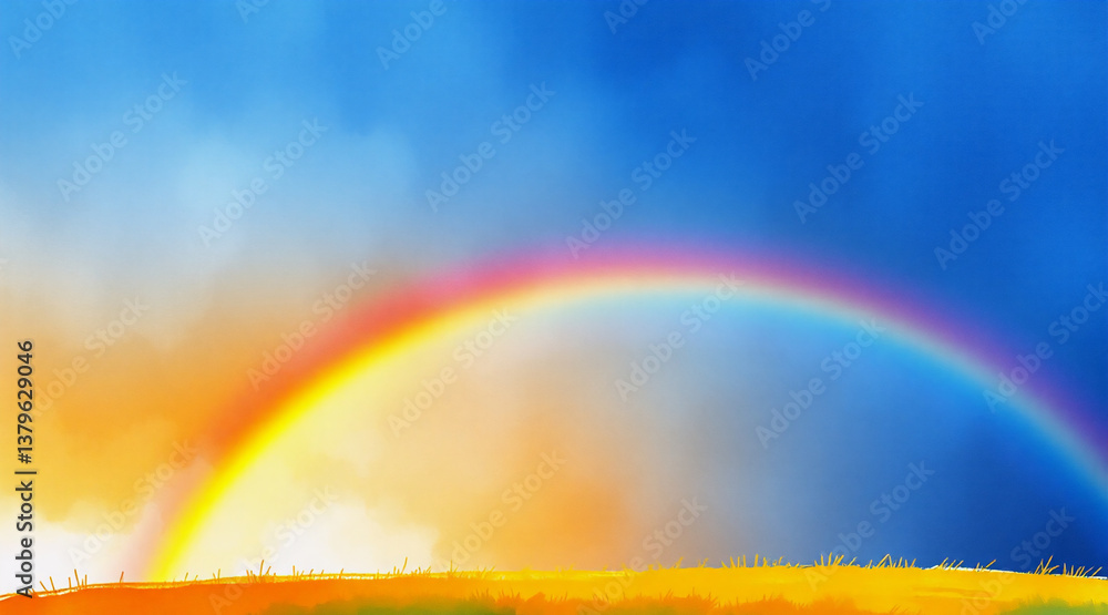Fototapeta premium Vibrant rainbow arches across a bright blue sky, illuminating a golden field below with warm sunlight in a picturesque landscape.
