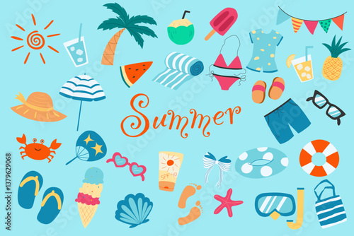 Set cute summer holiday elements. Cartoon vector illustration