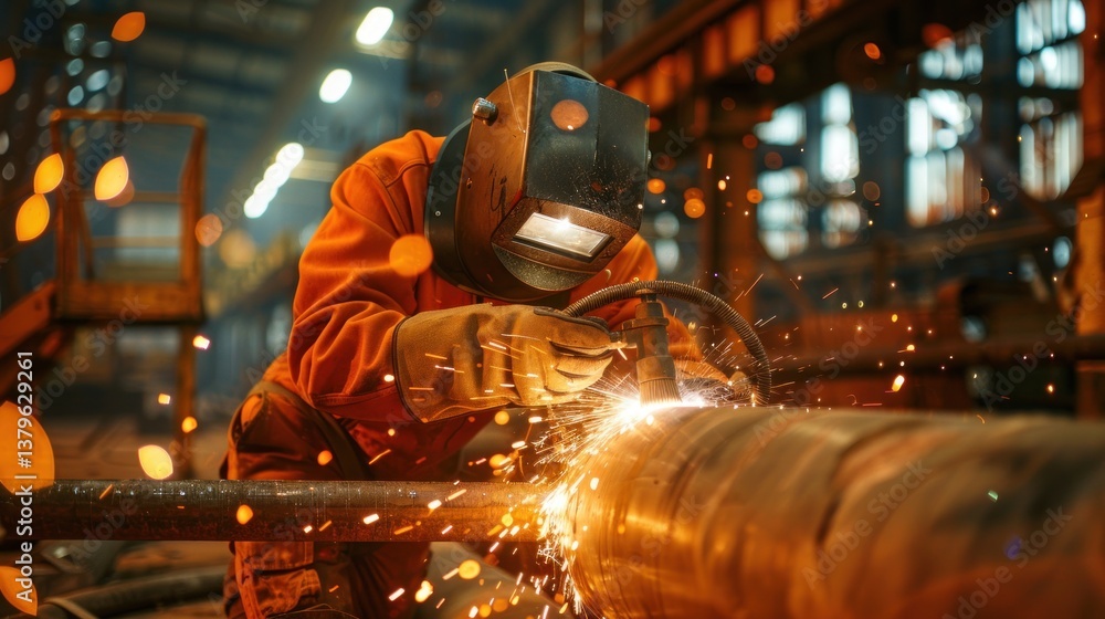 Focused Welder Intense Industrial Work Grinding Metal with Safety Equipment Focused Welder Intense Industrial Work Grinding Metal with Safety Equipment