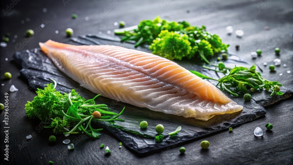 A succulent fillet of pristine white fish rests elegantly on a dark slate, accompanied by vibrant green herbs and peppercorns, ready for culinary artistry. A succulent fillet of pristine white fish rests elegantly on a dark slate, accompanied by vibrant green herbs and peppercorns, ready for culinary artistry.