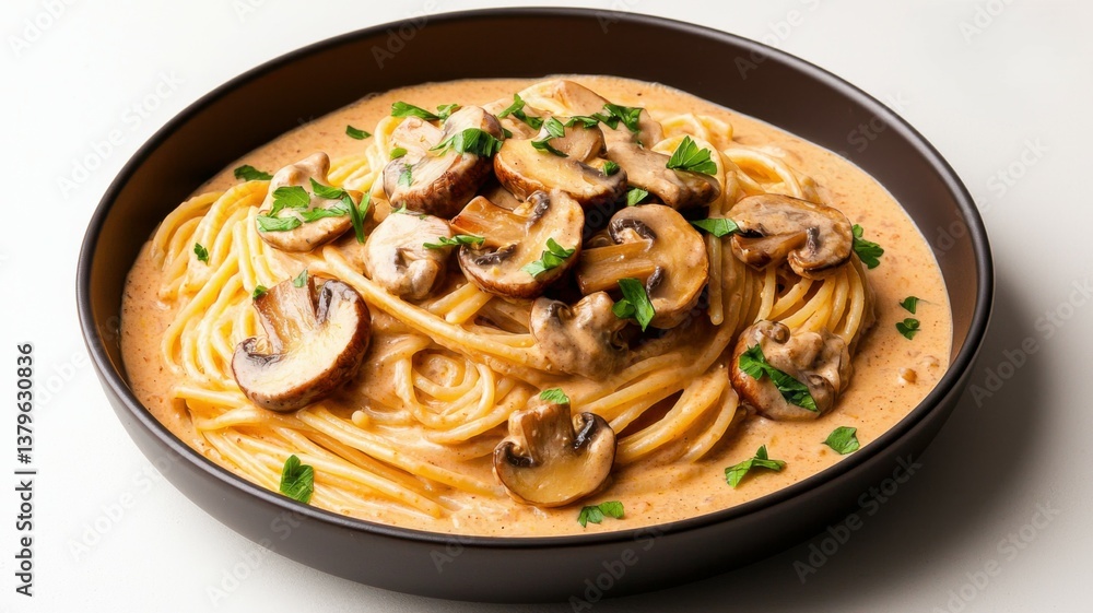 Plant based diet for sustainability meal. Creamy pasta topped with mushrooms and herbs, served in a round black bowl, showcasing a delicious and inviting meal. Plant based diet for sustainability meal. Creamy pasta topped with mushrooms and herbs, served in a round black bowl, showcasing a delicious and inviting meal.
