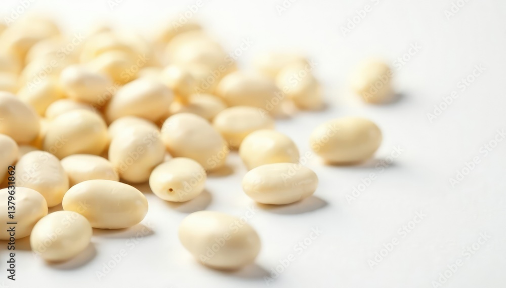Scattered white beans against bright white backdrop Ideal for culinary or health contexts , food photography, cooking, food background Scattered white beans against bright white backdrop Ideal for culinary or health contexts , food photography, cooking, food background