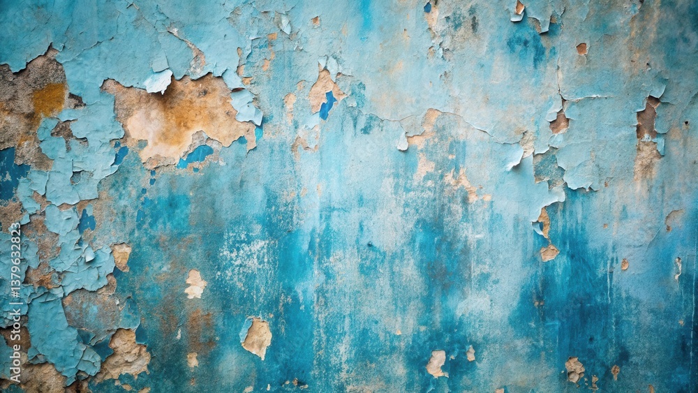Textured Blue Wall With Peeling Paint, Showing Aged Surface and Underlying Layers