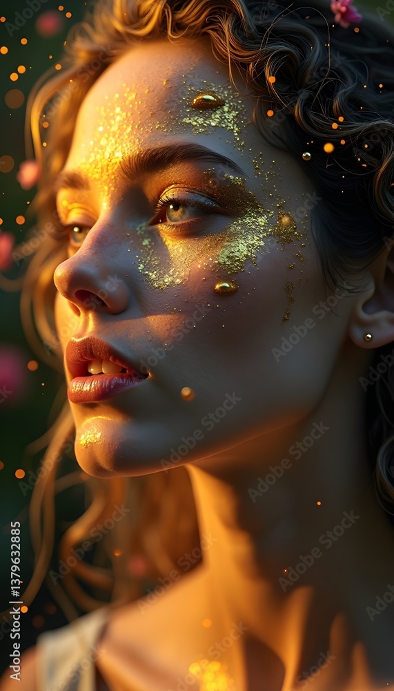 woman face with golden particles, golden beauty portrait woman face with golden particles, golden beauty portrait