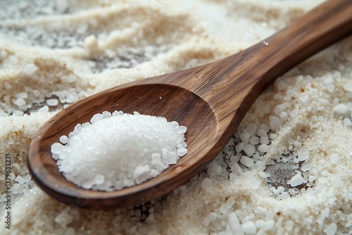 Wooden spoon with granulated sugar on a wooden background.