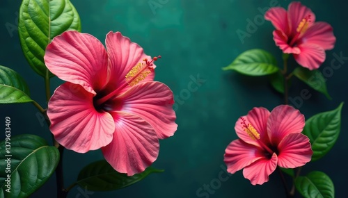 Wallpaper Mural Vibrant hibiscus & tropical foliage, continuous print, leaves, tropical, digital Torontodigital.ca
