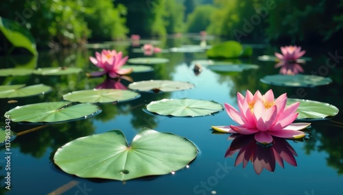 Water lilies and blossoms create a floral pattern on the lake's surface, peaceful, tranquility