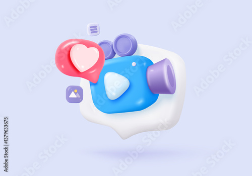 3d video camera simplicity icon signs with lens and button for theater. Realistic film movie icon, play button for streaming multimedia concepts. 3d movie cinema record icon vector render illustration