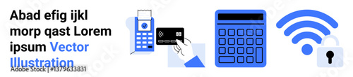 Payment terminal with credit card, calculator, wireless signal, and lock illustrate secure online transaction, finances, security, tech, e-commerce, banking network and mobile payment ideal