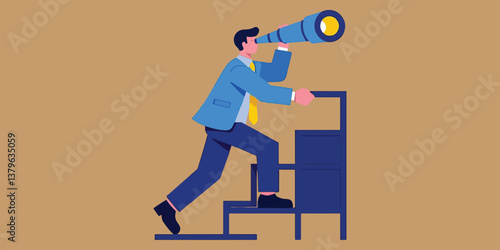 Man with Telescope on Steps, Symbolizing Vision and Strategic Foresight in Modern Graphic Style
