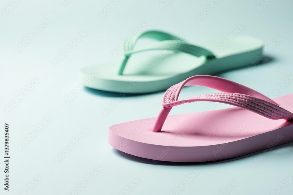 Close-up of a flip-flop, clean white backdrop , vacation, summer style, slippers Close-up of a flip-flop, clean white backdrop , vacation, summer style, slippers