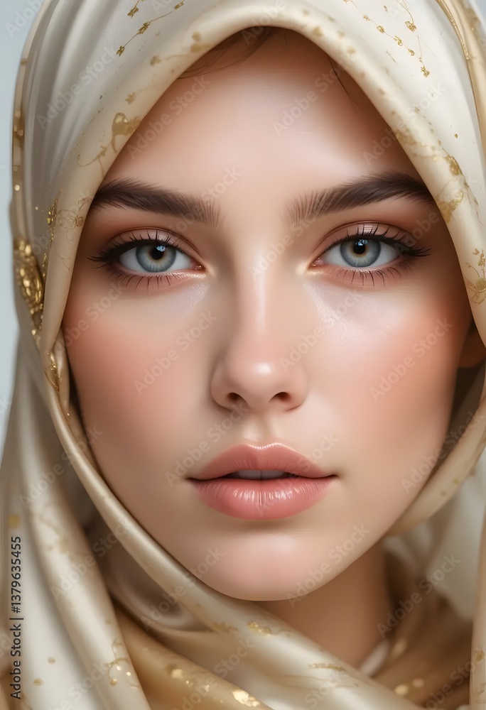 Beautiful Woman with Beige Headscarf Close up Portrait Soft Lighting Elegant Style Beautiful Woman with Beige Headscarf Close up Portrait Soft Lighting Elegant Style