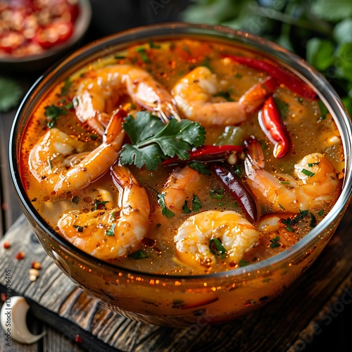 Bowl of spicy Thai soup with shrimps on dark wooden background