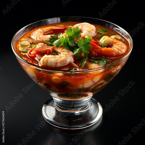 Bowl of spicy Thai soup with shrimps on dark wooden background