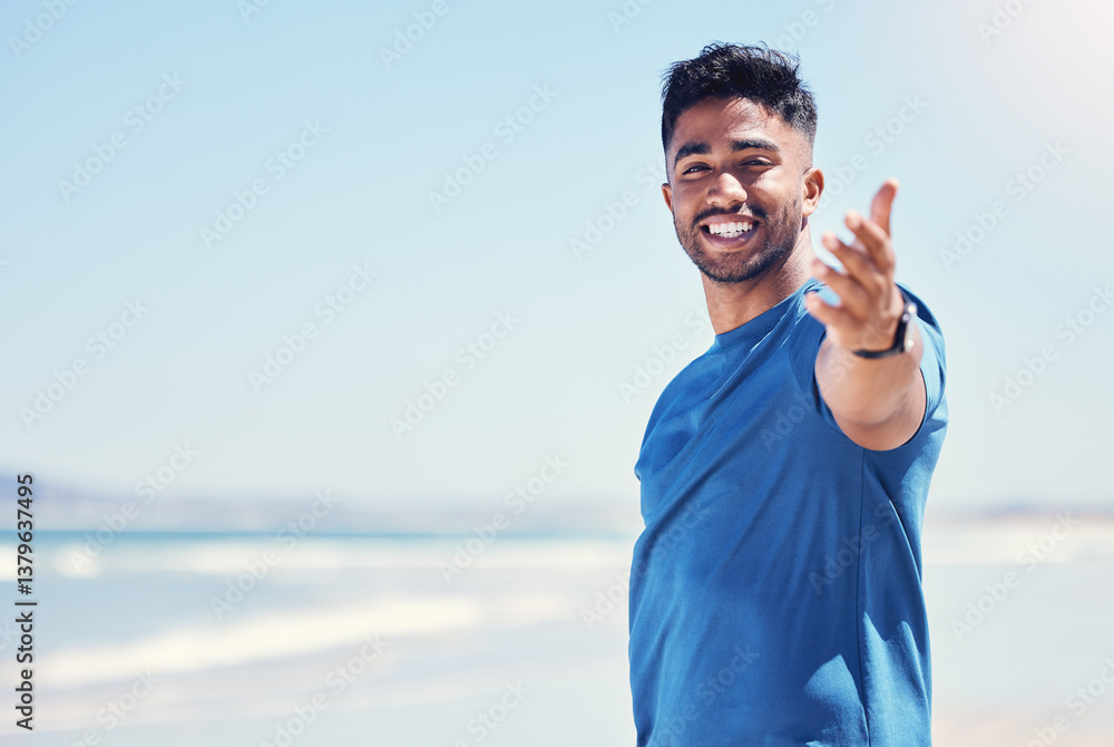 Fototapeta premium Man, portrait and welcome on beach for fitness or run, join workout and physical cardio by ocean for health. Male person, happy and hand gesture for invitation to come exercise, motivation and space.