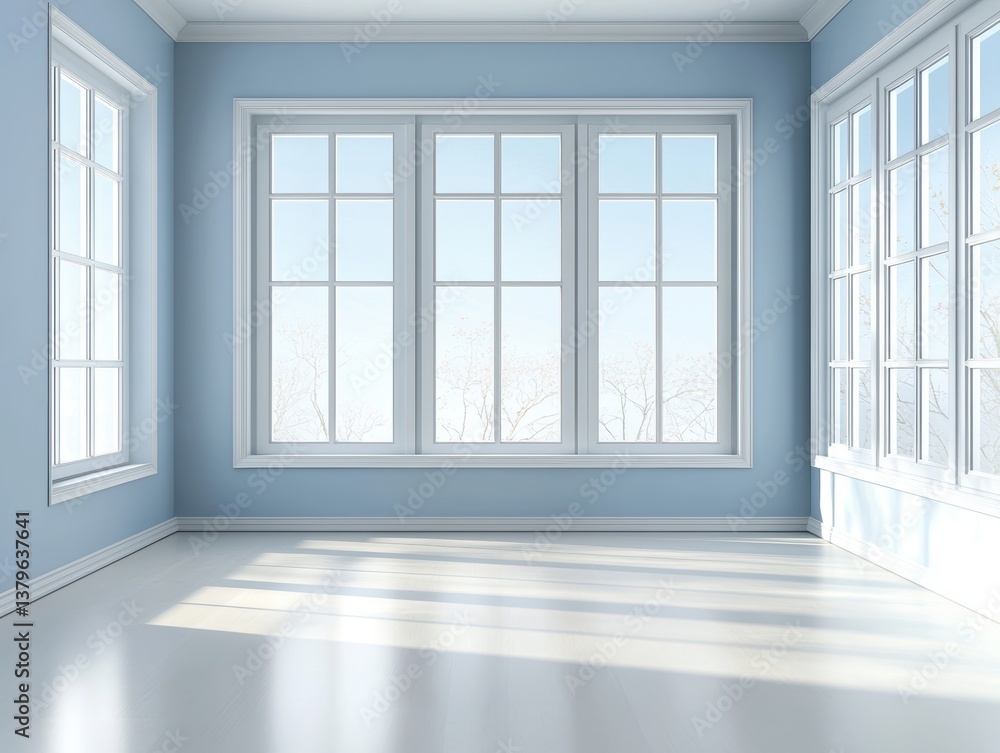 Fototapeta premium A bright, airy room with pale blue walls, large windows, and sunlight streaming in, creating a serene and inviting atmosphere.