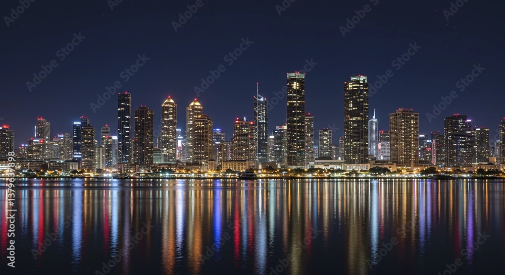 Fototapeta premium A slow pan of a vibrant city skyline at night, with illuminated skyscrapers and reflections on the water