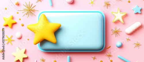 A colorful arrangement of stars and shapes on a pink background, featuring a central blue rectangle, creating a playful and whimsical design.