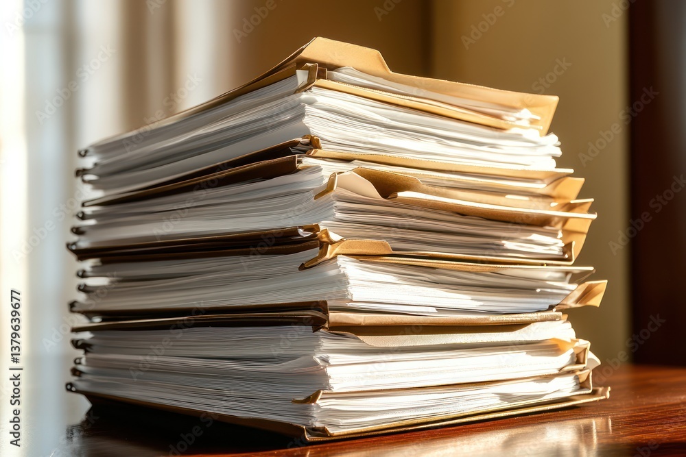A stack of intricately organized legal documents and folders on an elegant mahogany desk under soft, ambient lighting highlighting the paperas textures, offering a sense of harmony and meticulous A stack of intricately organized legal documents and folders on an elegant mahogany desk under soft, ambient lighting highlighting the paperas textures, offering a sense of harmony and meticulous