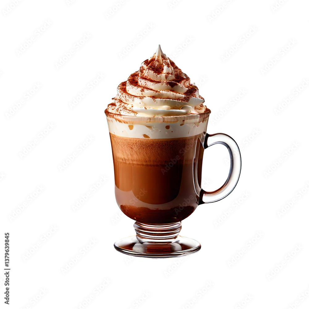 A frothy hot chocolate with whipped cream and cocoa powder dusting A frothy hot chocolate with whipped cream and cocoa powder dusting