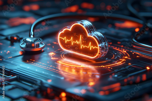 A glowing cloud symbol with a heartbeat display, set against a dark, tech-inspired background, symbolizing health data and technology integration.