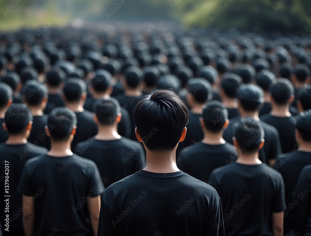 Abstract image of a uniformed group of people facing forward in perfect alignment, symbolizing themes of collectivism, discipline, anonymity, or mass movements in modern society.
Abstract image of a uniformed group of people facing forward in perfect alignment, symbolizing themes of collectivism, discipline, anonymity, or mass movements in modern society.