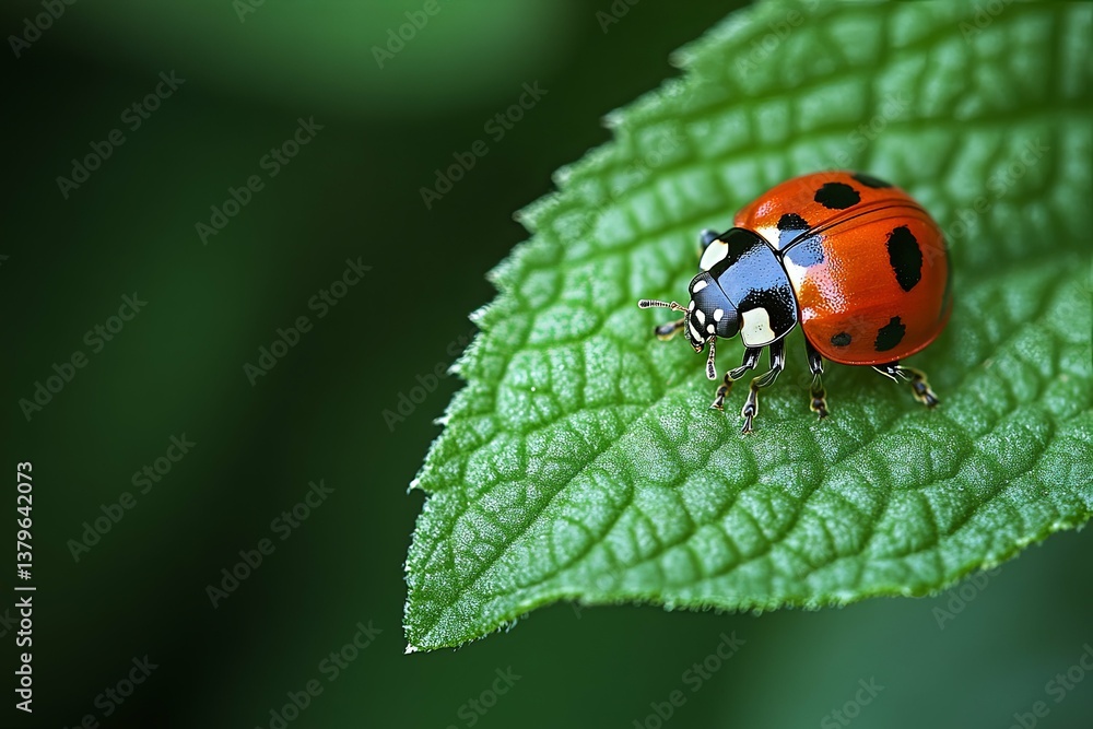 Fototapeta premium A close up photograph of a red ladybug on a green leaf