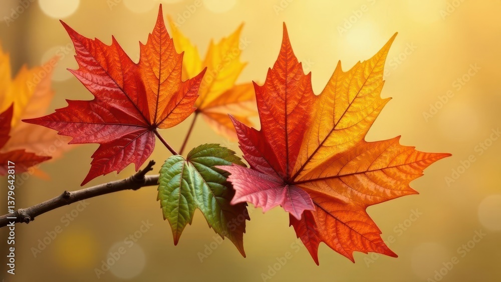 Autumnal foliage showcasing vibrant red and gold leaves on a slender branch, bathed in soft, warm light Autumnal foliage showcasing vibrant red and gold leaves on a slender branch, bathed in soft, warm light