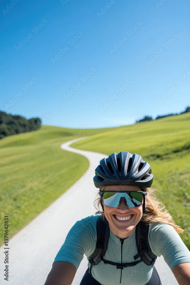 cyclist traverses serene countryside road surrounded by rolling green fields under clear blue sky cyclist traverses serene countryside road surrounded by rolling green fields under clear blue sky