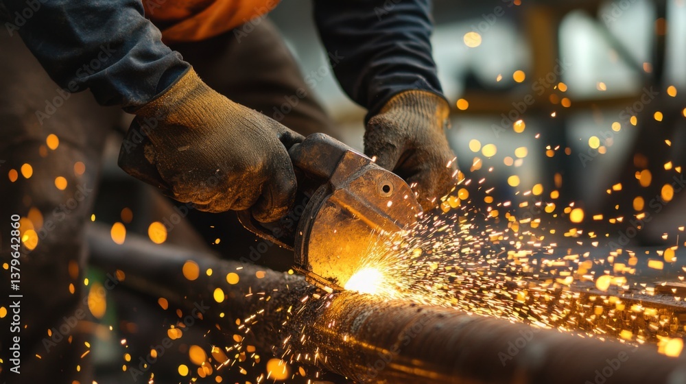 A construction worker using a saw to cut metal piping. Featuring skill and precision A construction worker using a saw to cut metal piping. Featuring skill and precision