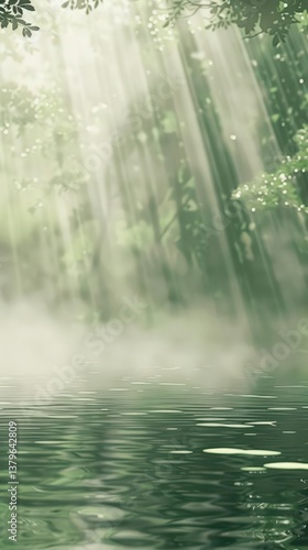 A serene forest scene with mist and sunlight reflecting on calm water.