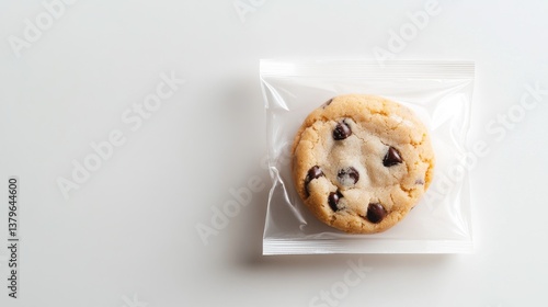Top view of perfectly round chocolate chip cookie in pristine plastic wrapper, positioned lower third of frame leaving space for text, gentle shadows adding depth, studio lighting revealing cookie