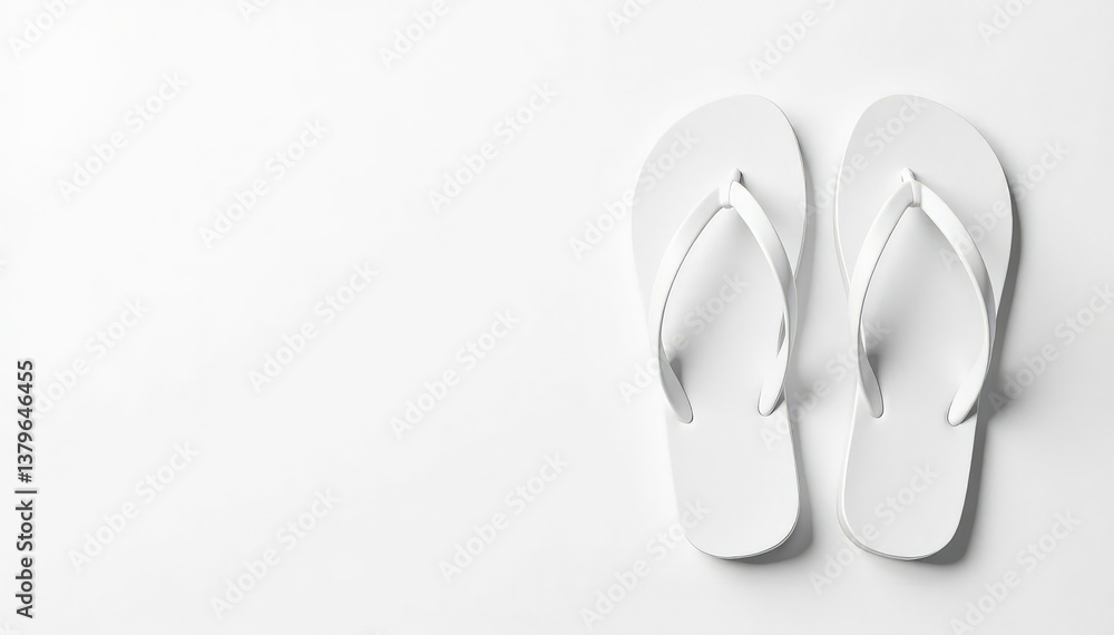 Fototapeta premium Pair of white flip-flops, isolated on bright white background, background, holiday
