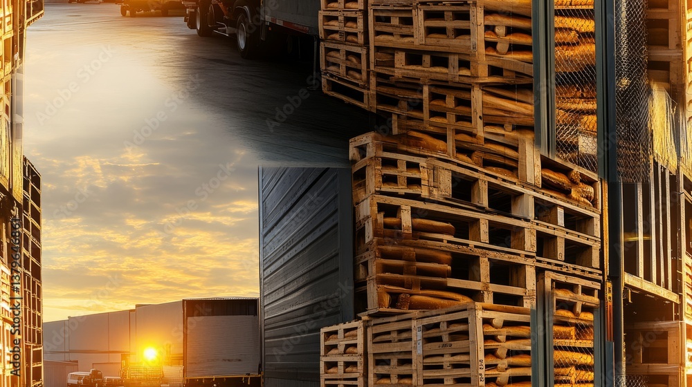 bakery delivery dock, stacked plastic bread crates, early morning loading, commercial vehicles, industrial facility exterior, professional food transport, organized logistics, natural dawn lighting, bakery delivery dock, stacked plastic bread crates, early morning loading, commercial vehicles, industrial facility exterior, professional food transport, organized logistics, natural dawn lighting,