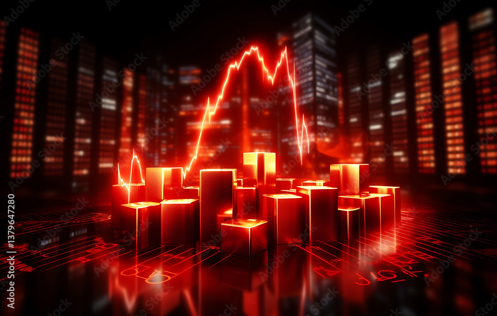 dramatic and ominous visual representation of a financial crisis, with glowing red bars and a downward-trending line set against a stylized cityscape backdrop. dramatic and ominous visual representation of a financial crisis, with glowing red bars and a downward-trending line set against a stylized cityscape backdrop.