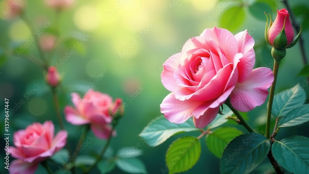 A Delicate Pink Rose in Full Bloom, Surrounded by Lush Green Foliage and Other Roses in Various Stages of Growth A Delicate Pink Rose in Full Bloom, Surrounded by Lush Green Foliage and Other Roses in Various Stages of Growth