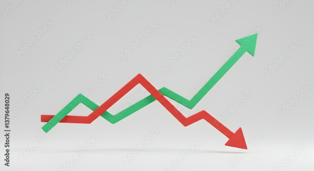 Obraz premium Green and red 3D graph arrow curves moving in opposite directions.