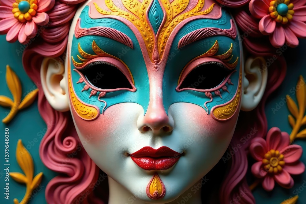 Symmetrical lines on a painted clay mask, intricate details , design, illustration Symmetrical lines on a painted clay mask, intricate details , design, illustration