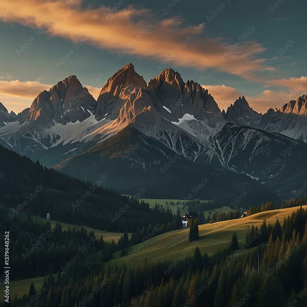 Obraz premium Majestic mountains and a serene valley create a beautiful scene.