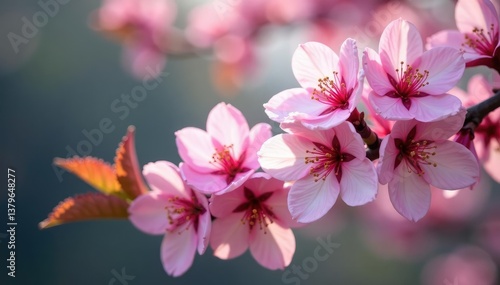 Vibrant sakura blossoms, full bloom, close-up detail , branch, background