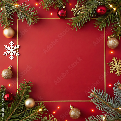 Festive Red Christmas Background with Gold Accents and Decorations